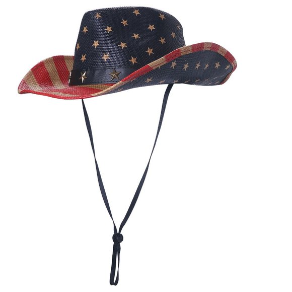 Men's American Flag Cowboy Hat, Striped Western Tea-Stained‎ USA Shape-It Brim - Picture 2 of 6